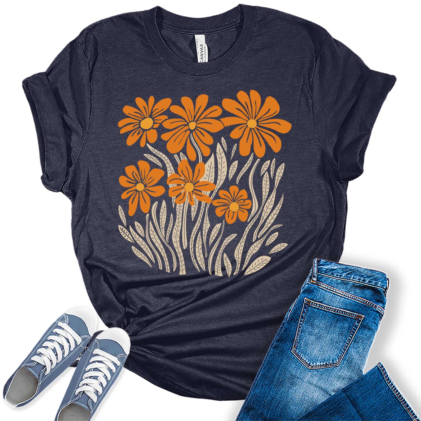 Womens Boho Fall Floral Daisy Graphic Tees