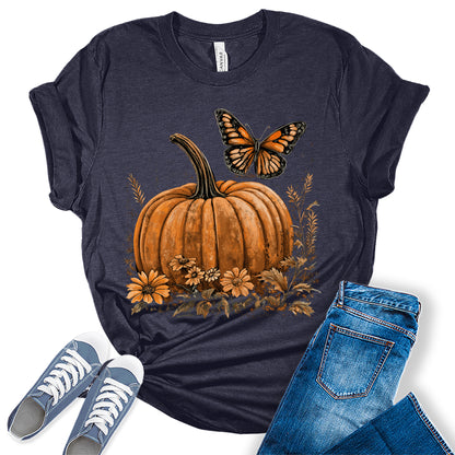 Womens Fall Pumpkin Butterfly Thanksgiving Graphic Tees