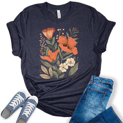 Floral Shirts Vintage Summer Cottagecore Flower Graphic Tee For Women Bella Plus Size Tops
