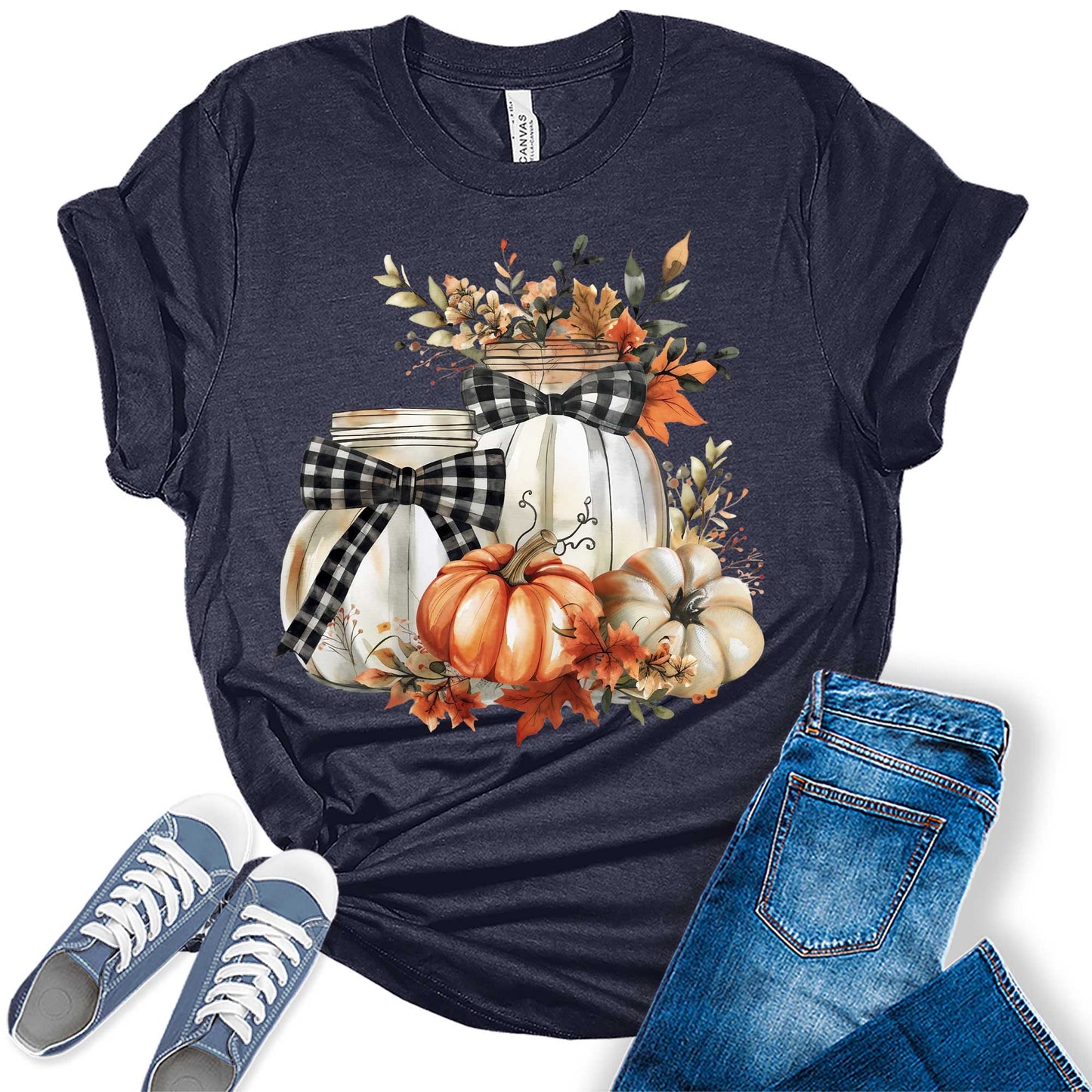 Women's Fall Pumpkin Shirt Floral Plaid Halloween Graphic Tees Plus Size Tops