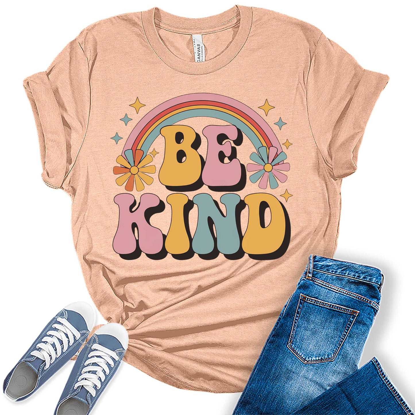 Womens Be Kind Floral Vintage Retro Rainbow Trendy Graphic Tees