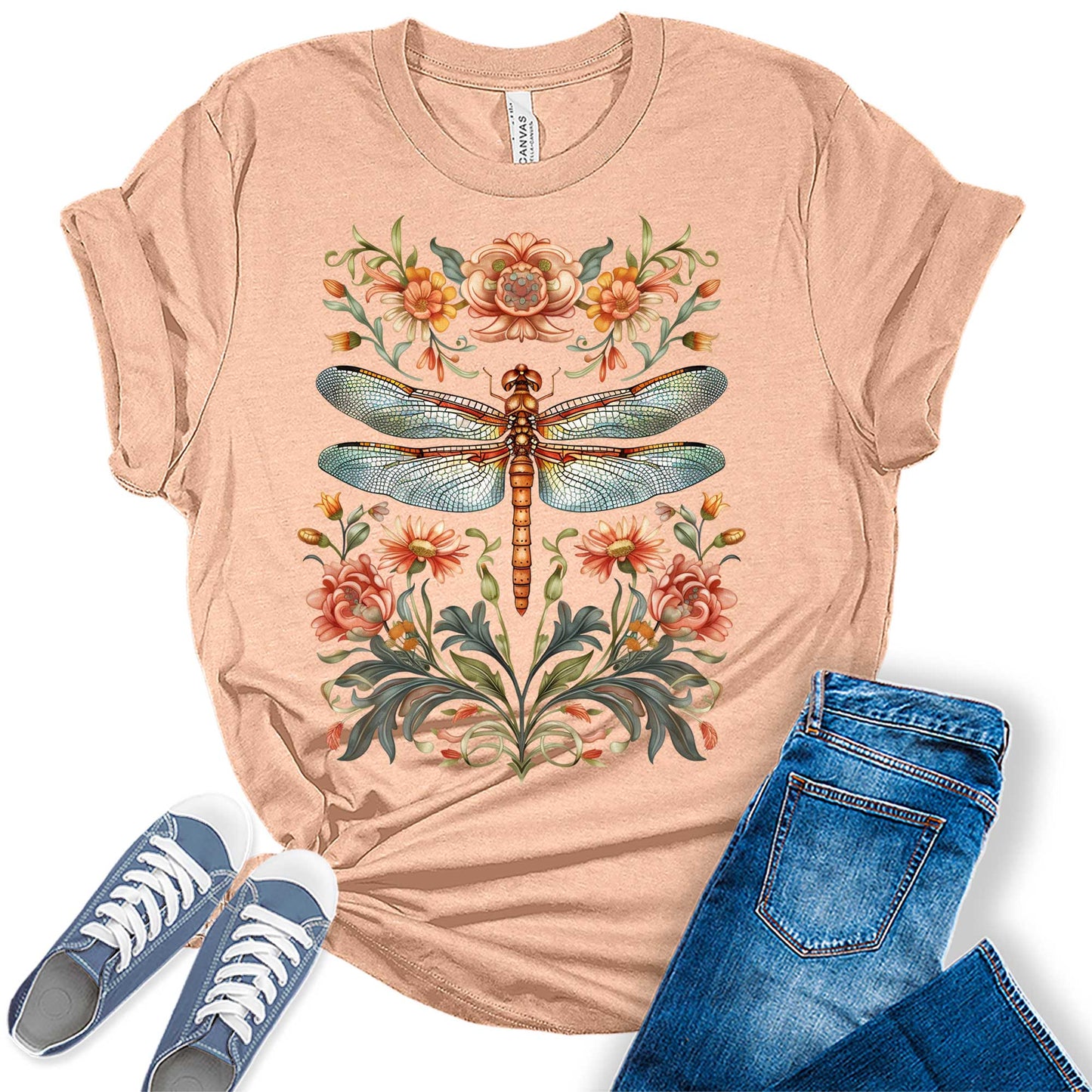 Trendy Floral Dragonfly Summer Boho Womens Graphic Tees