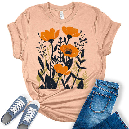 Boho Shirt Wildflower Vintage Graphic Tees for Womenpring Short Sleeve Plus Size Tops