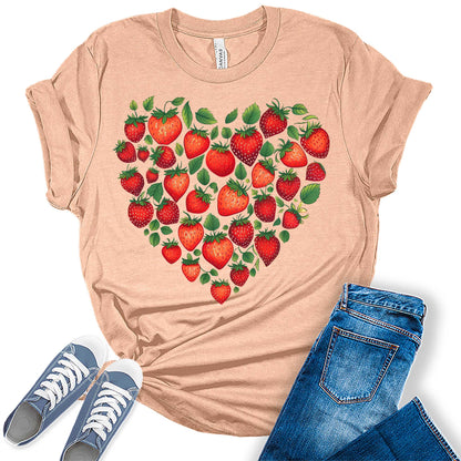 Trendy Strawberry Heart Graphic Tees For Women