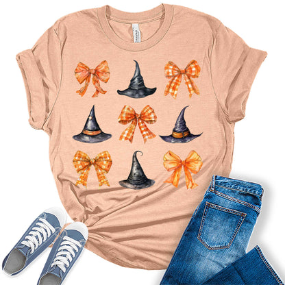 Witch Hat Coquette Halloween Graphic Tees for Women