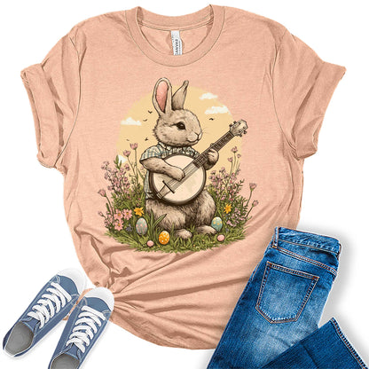 Women's Easter Bunny Playing Banjo Cottagecore Shirts Cute Trendy Casual Graphic Tees Bella Plus Sized Tops