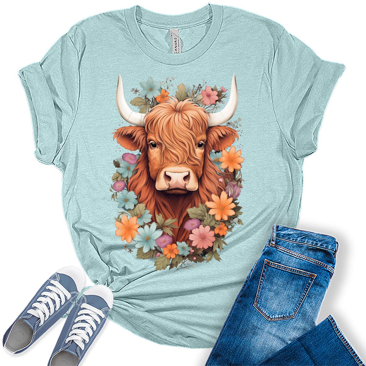 Womens Highland Cow Shirt Cute Western Country Tops Plus Size Summer Graphic Tees