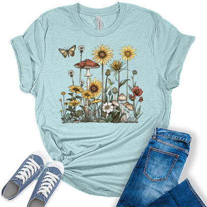 Sunflower Shirts Mushroom Cottagecore Aesthetic Womens Graphic Tees