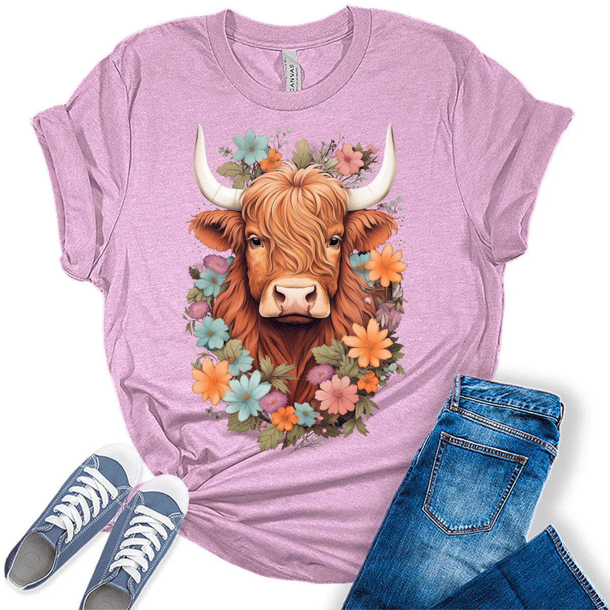 Womens Highland Cow Shirt Cute Western Country Tops Plus Size Summer Graphic Tees