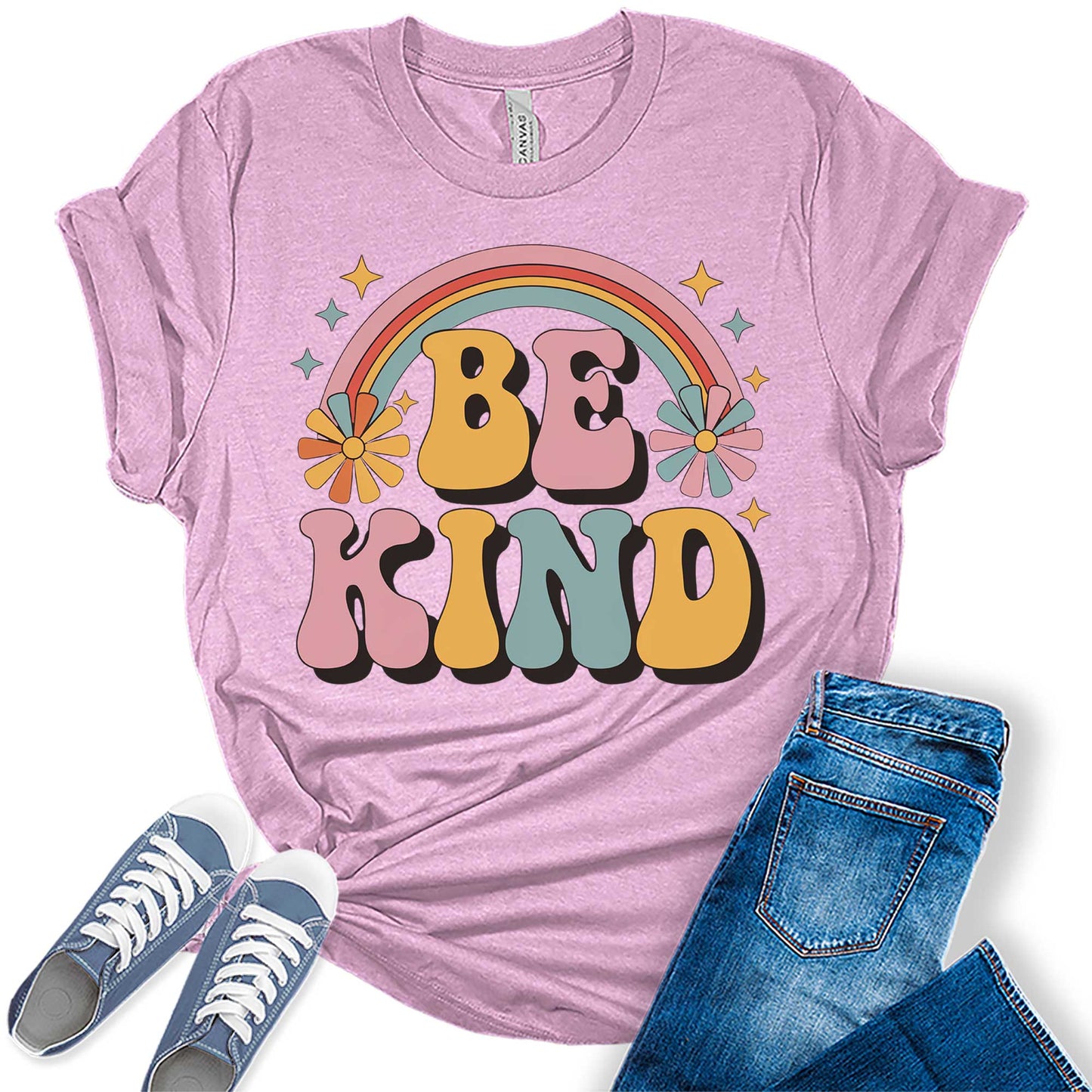 Womens Be Kind Floral Vintage Retro Rainbow Trendy Graphic Tees