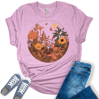 Womens Floral Shirts Trendy Wildflower Vintage Graphic Tees Casual Cottagecore Short Sleeve T Shirts