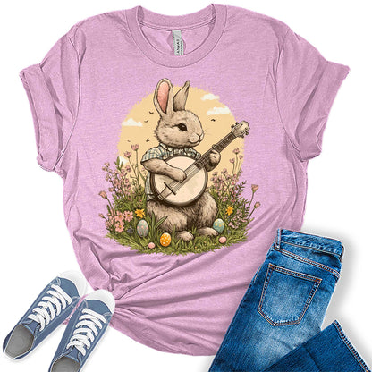 Women's Easter Bunny Playing Banjo Cottagecore Shirts Cute Trendy Casual Graphic Tees Bella Plus Sized Tops