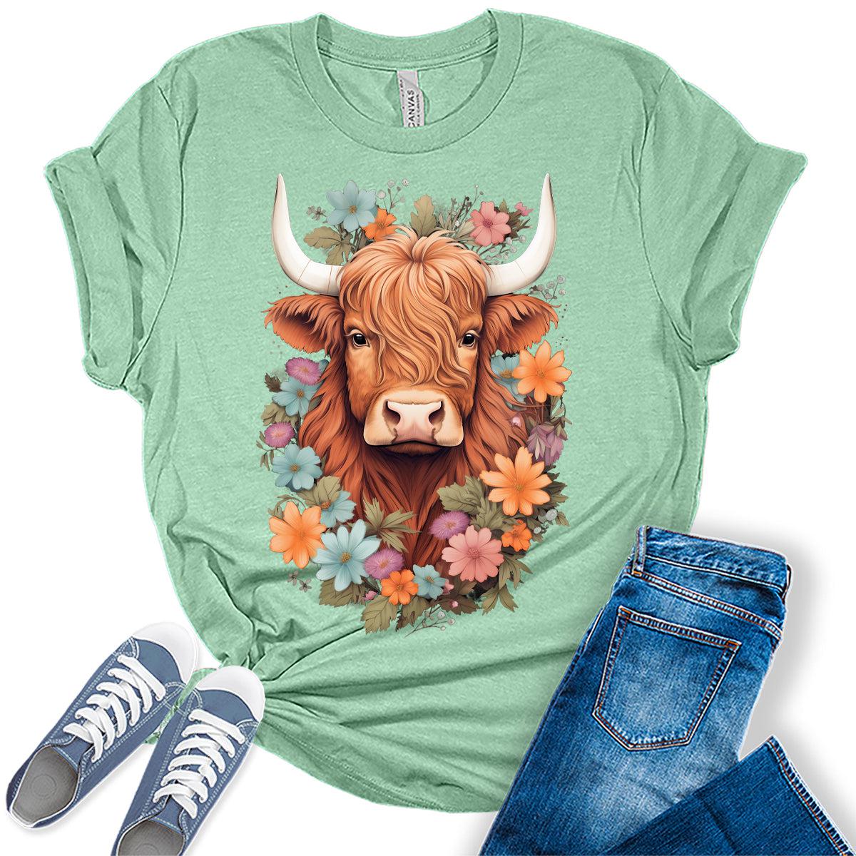 Womens Highland Cow Shirt Cute Western Country Tops Plus Size Summer Graphic Tees