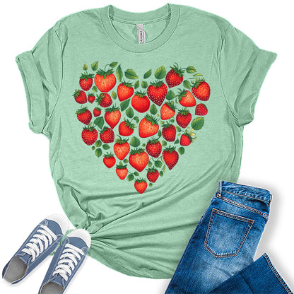 Trendy Strawberry Heart Graphic Tees For Women