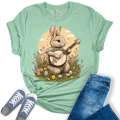 Women's Easter Bunny Playing Banjo Cottagecore Shirts Cute Trendy Casual Graphic Tees Bella Plus Sized Tops