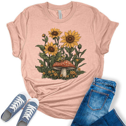 Women's Sunflower Frog Summer Shirts Cottagecore Cute Trendy Casual Graphic Tees Bella Plus Sized Tops