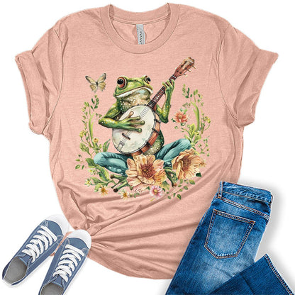Cottagecore Aesthetic Frog With Banjo Womens Graphic Tees