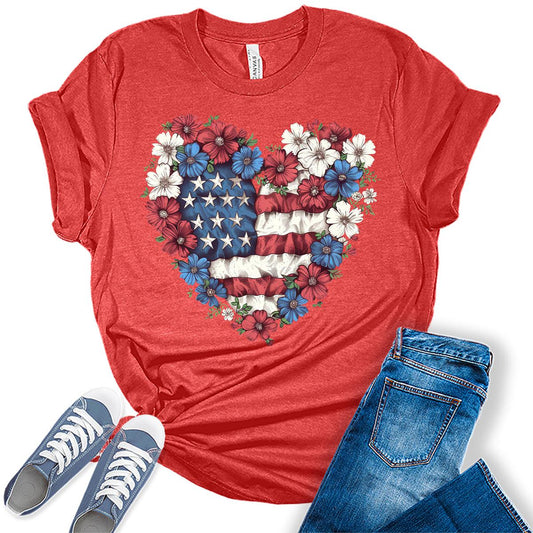 Patriotic Heart American Flag Graphic Tees for Women 4th of July