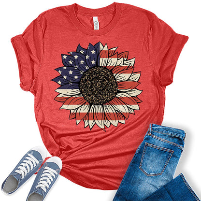 Sunflower American Flag Graphic Tees For Women