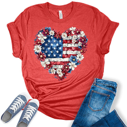 Womens 4th of July Shirt Flower Heart USA Short Sleeve Graphic Tees