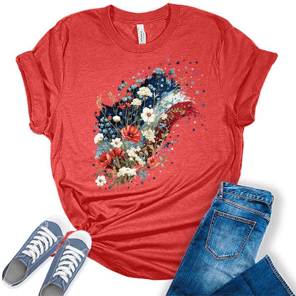 4th of July Shirts For Women Patriotic Graphic Tees Floral Flag Bella Plus Sized Tops