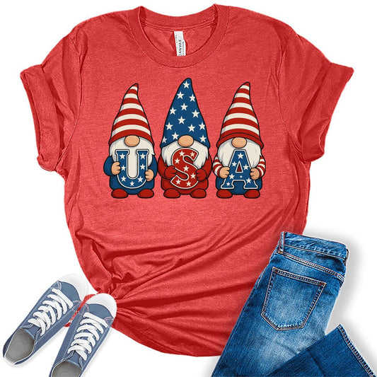 4th of July Shirts For Women Patriotic Graphic Tees USA Gnomes Bella Plus Sized Tops