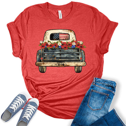 Patriotic Vintage Truck American Flag Graphic Tees for Women
