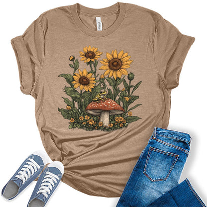 Women's Sunflower Frog Summer Shirts Cottagecore Cute Trendy Casual Graphic Tees Bella Plus Sized Tops
