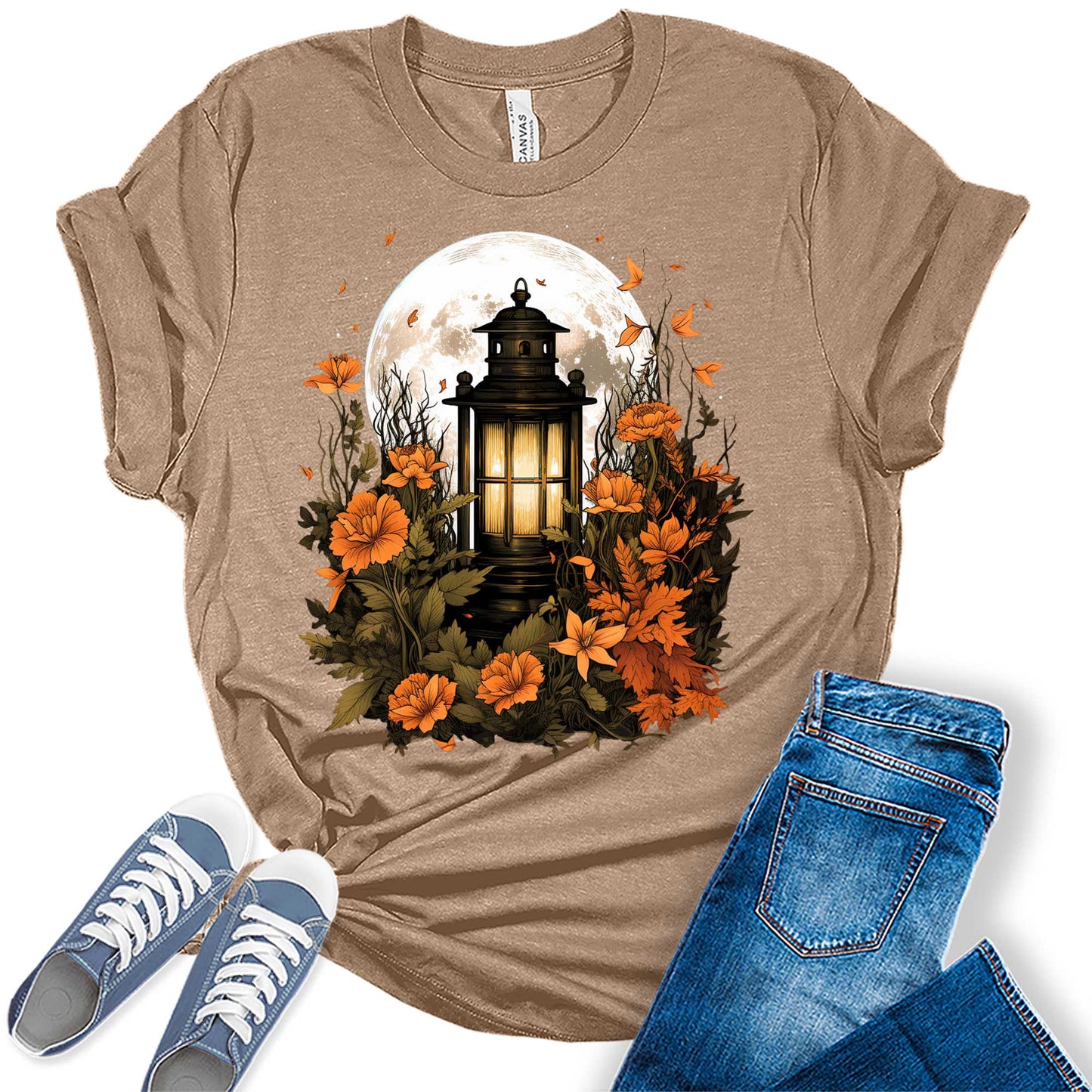 Fall Lantern Shirt Halloween Graphic Tees Short Sleeve Plus Size Tops For Women