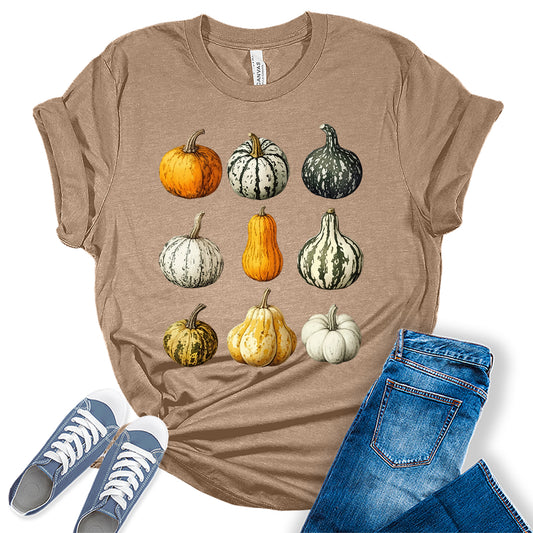 Women's Fall Pumpkin Vintage Tshirt Cottagecore Thanksgiving Graphic Tee Halloween Shirts Tops