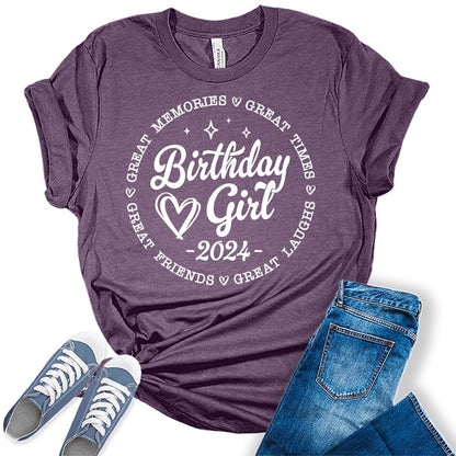 Birthday Girl Shirt 2024 Cute Party Shirt for Women Trendy Letter Print Graphic Tees