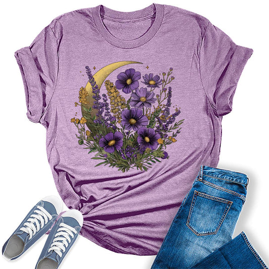 Crescent Moon Lavender Flower Graphic Tees for Women