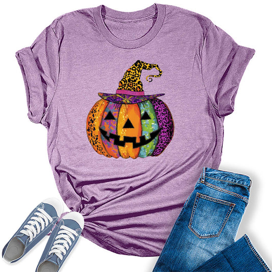 Women's Halloween Jack-O-Lantern Leopard Print Witch Hat Pumpkin Graphic Tees