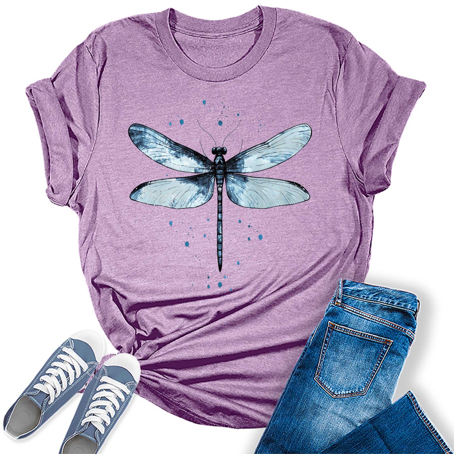 Women's Graphic Tees Casual Summer Vintage Dragonfly Printed Short Sleeve Cute T Shirts Tops