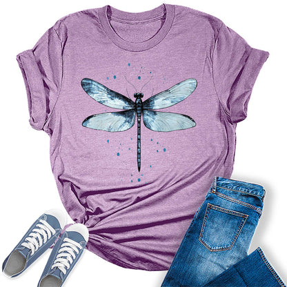 Women's Graphic Tees Casual Summer Vintage Dragonfly Printed Short Sleeve Cute T Shirts Tops