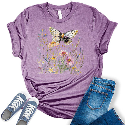 Women's Vintage Floral T Shirt Boho Wildflower Butterfly Graphic Plus Size Bella Tees Short Sleeve Casual Tops