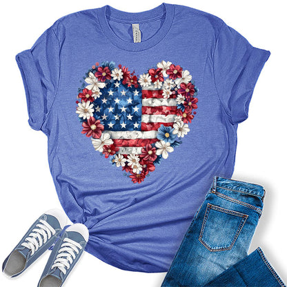 Womens 4th of July Shirt Flower Heart USA Short Sleeve Graphic Tees