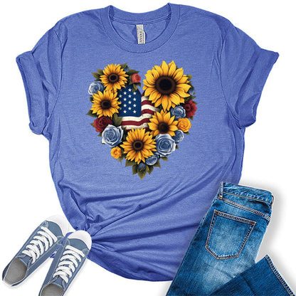 Sunflower 4th of July Shirts For Women Patriotic Graphic Tees