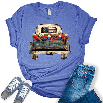 Patriotic Vintage Truck American Flag Graphic Tees for Women