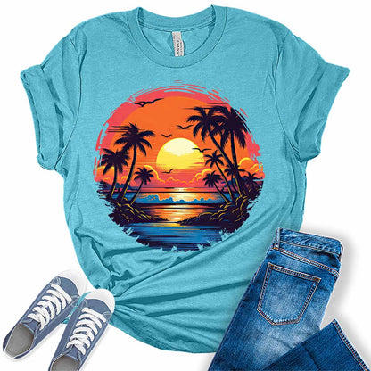Womens Beach Shirt Casual Palm Tree Tshirt Tropical Bella Graphic Tees Short Sleeve Summer Tops