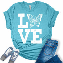 Love Shirt Cute Butterfly T Shirt Letter Print Graphic Tees for Women Summer Tops