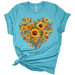 Women's Graphic Vintage Sunflower Heart T Shirt Summer Bella Top Casual Plus Size Tee