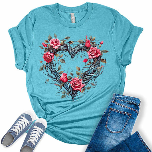Womens Floral Vine Heart Shirt Cute Tshirts Bella Graphic Tees Casual Short Sleeve Summer Tops
