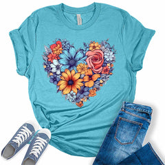 Womens Floral Heart Shirt Cute Tshirts Bella Graphic Tees Casual Short Sleeve Summer Tops