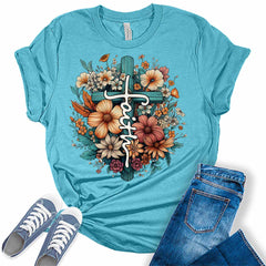 Faith Shirt Floral Cross Tshirts Christian Graphic Tees for Women