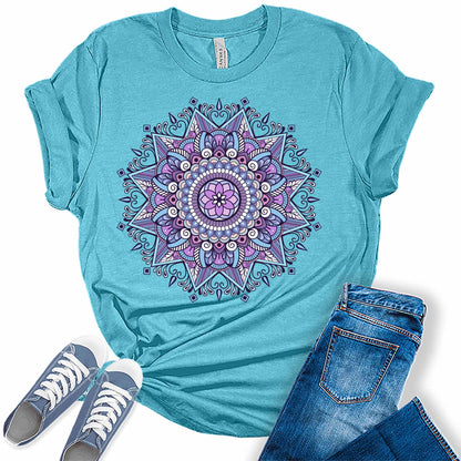 Purple Mandala Shirt Casual Vintage Graphic Tees for Women Short Sleeve Plus Size Summer Tops