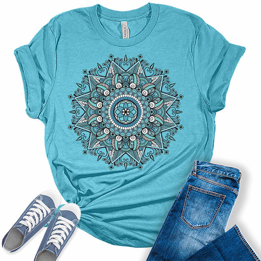 Aqua Mandala Shirt Casual Vintage Graphic Tees for Women Short Sleeve Plus Size Summer Tops