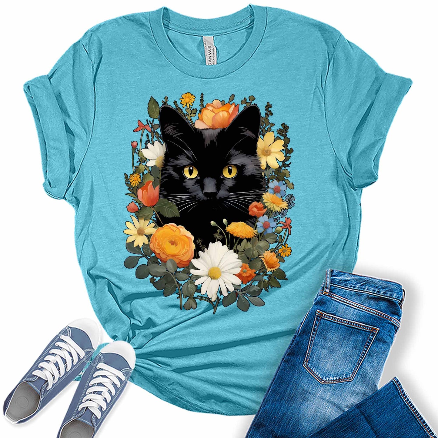 Wild Black Cat Flowers Graphic Tees for Women