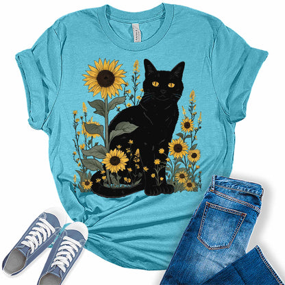 Womens Sunflower Cat Shirt Boho Tops Vintage Trendy Oversized Graphic Tees
