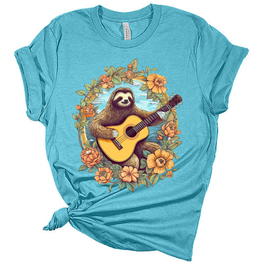 Womens Sloth Shirt Casual Spirit Animal Floral Bella Tshirt Guitar Vintage Short Sleeve Hiking Graphic Tees Summer Tops